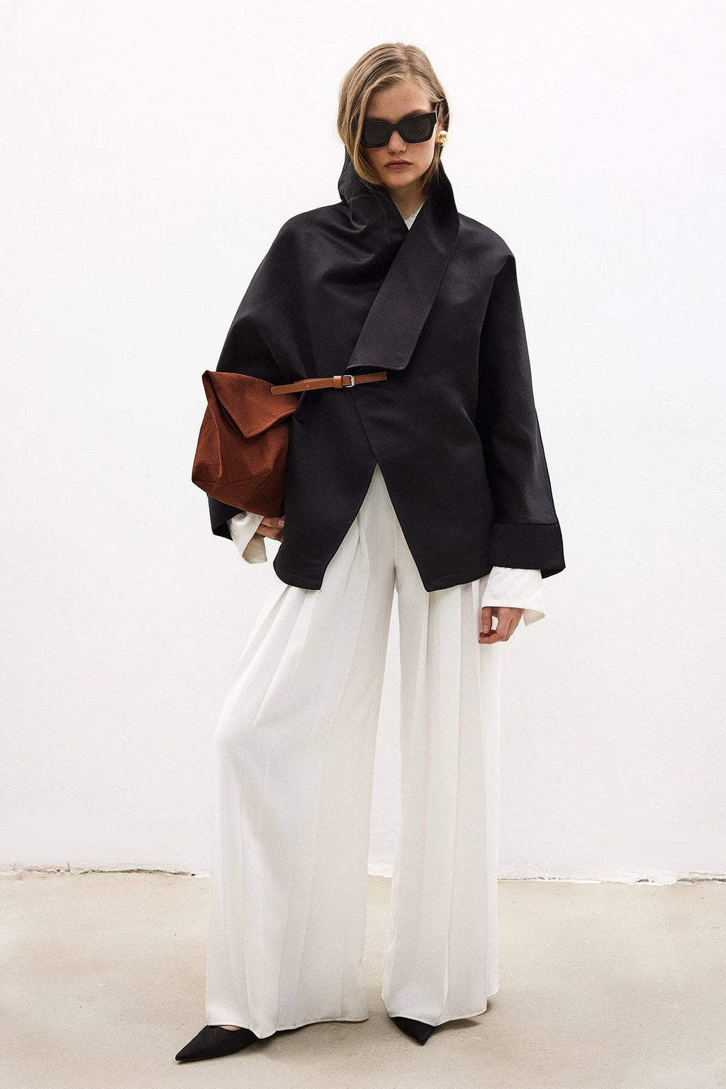 Satin Wrap Jacket with Leather Belt