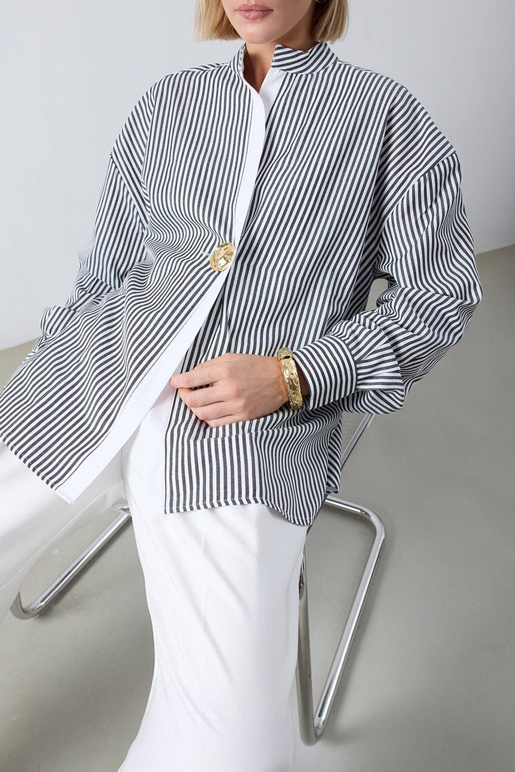 Striped Asymmetric  Shirt - Cotton Blend Oversized