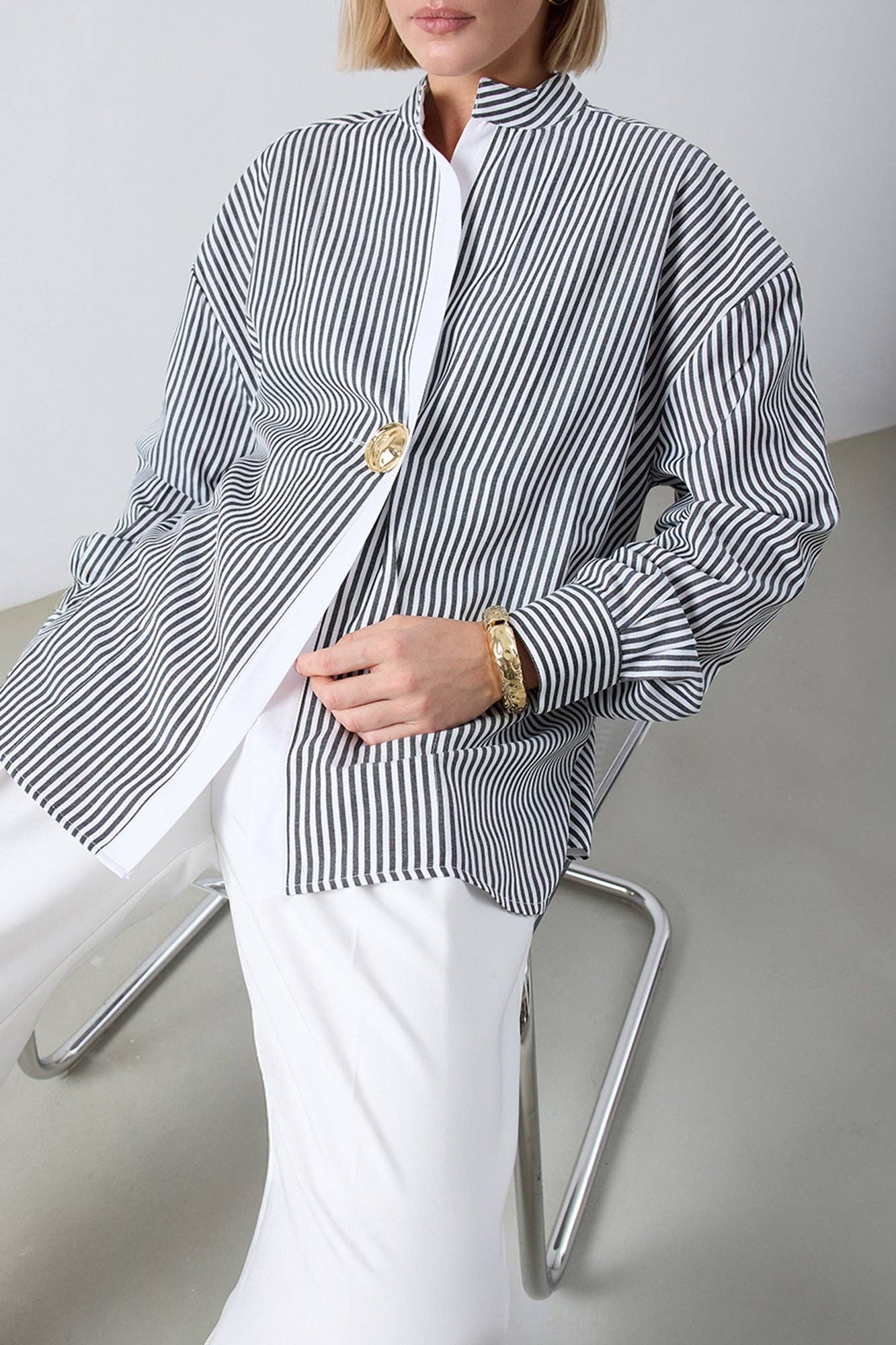 Striped Asymmetric  Shirt - Cotton Blend Oversized