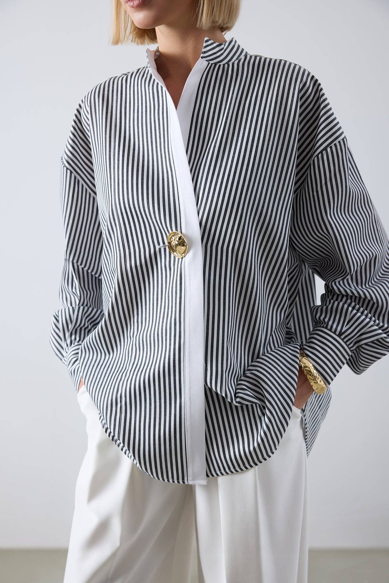 Striped Asymmetric  Shirt - Cotton Blend Oversized