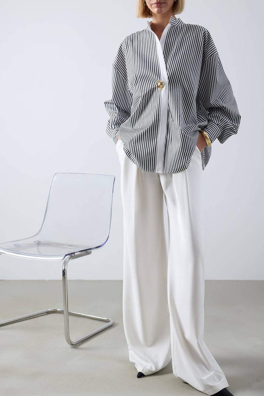 Striped Asymmetric  Shirt - Cotton Blend Oversized