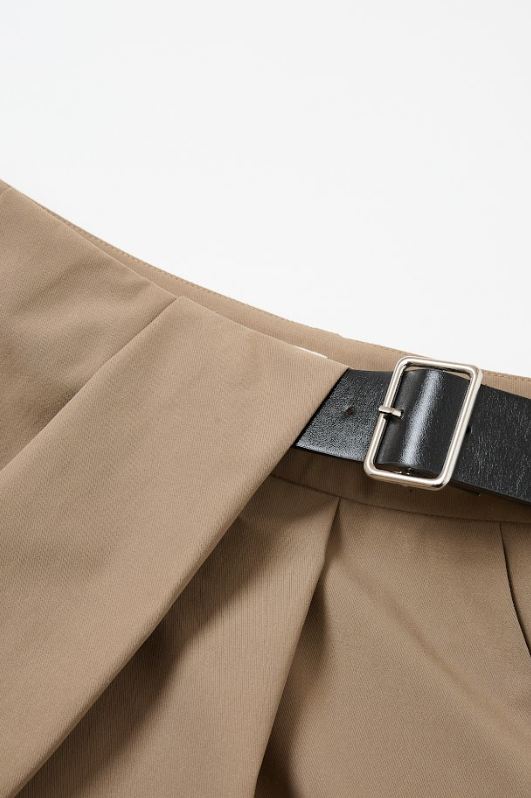 Woven Asymmetrical Pleated Pants with  Belt