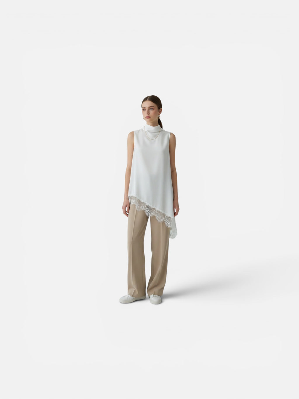 Lace Trim High Neck Sleeveless Top