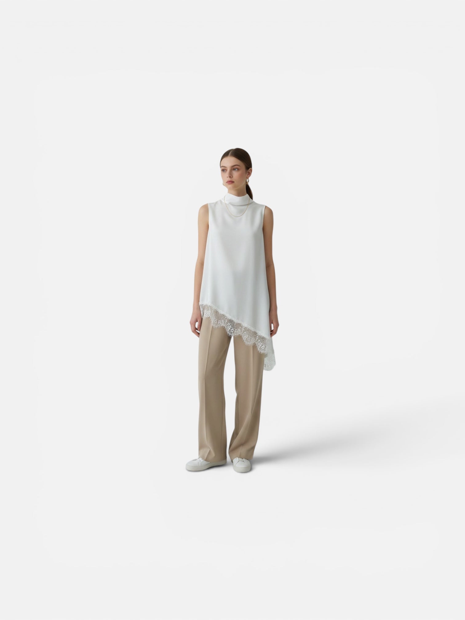 Lace Trim High Neck Sleeveless Top