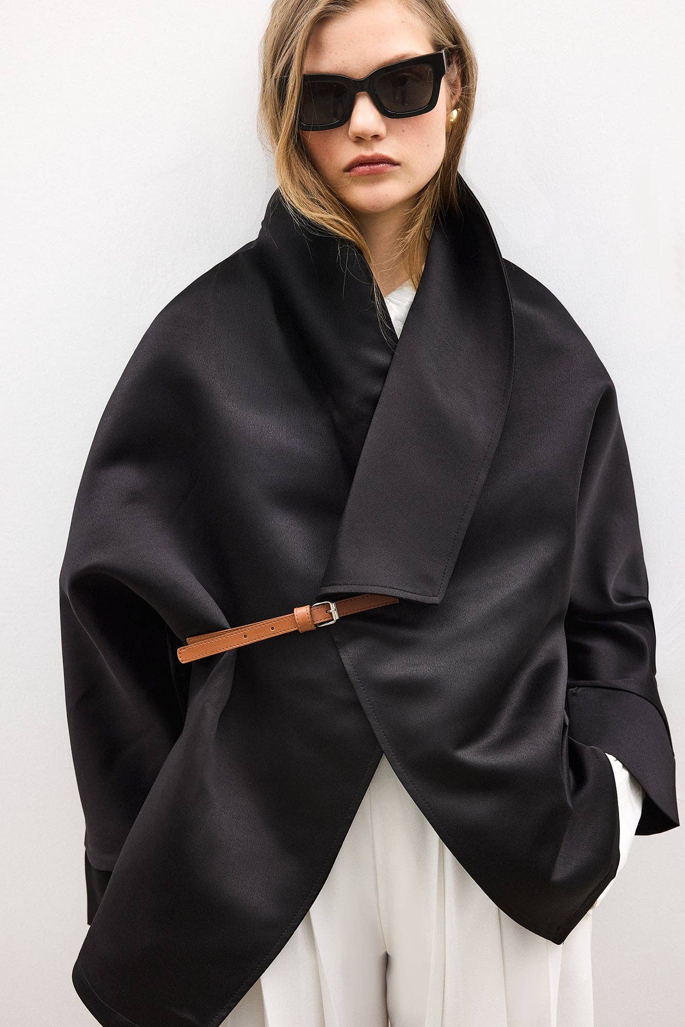 Satin Wrap Jacket with Leather Belt